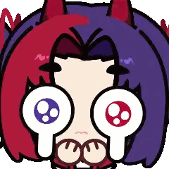 a cartoon drawing of a girl with red and purple hair and white eyes