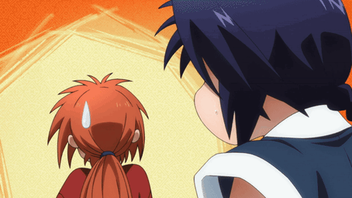 A Cartoon Drawing Of A Girl With Red Hair And A Boy With Blue Hair Looking At Each Other GIF