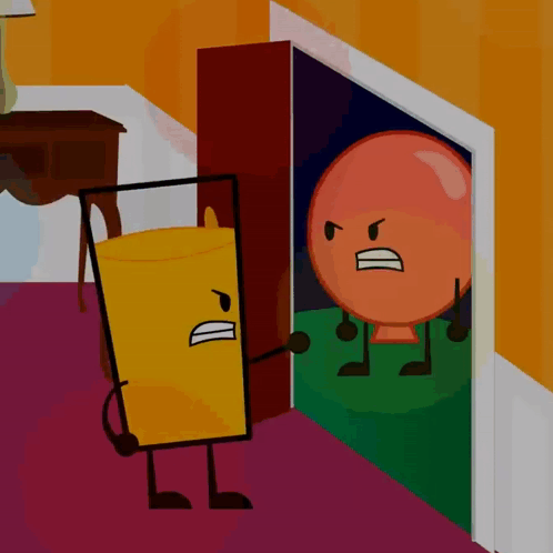A Cartoon Drawing Of A Glass Of Orange Juice And An Angry Orange Ball GIF