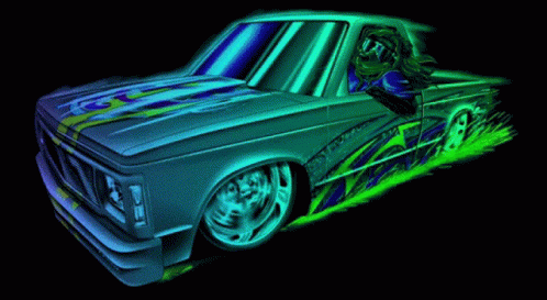 A Cartoon Drawing Of A Gm Truck With A Man In Sunglasses On The Side GIF