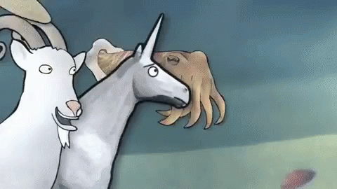 A Cartoon Drawing Of A Goat And A Unicorn Standing Next To Each Other GIF