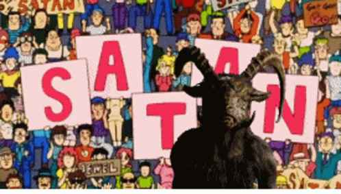 a cartoon drawing of a goat holding a sign that says satan
