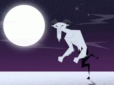 A Cartoon Drawing Of A Goat With Horns Standing In Front Of A Full Moon GIF