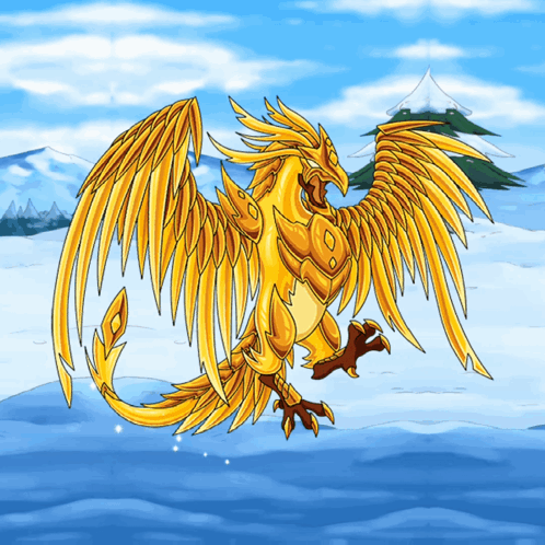 A Cartoon Drawing Of A Golden Dragon Standing On A Snowy Field GIF