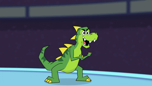 A Cartoon Drawing Of A Green And Yellow Dinosaur Dancing GIF