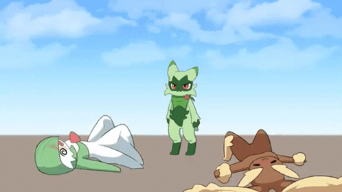 A Cartoon Drawing Of A Green Cat Standing Next To Two Other Cartoon Characters GIF