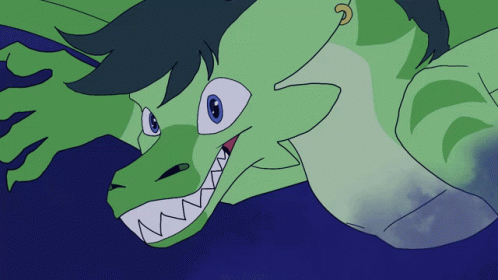 A Cartoon Drawing Of A Green Dragon With Blue Eyes And Sharp Teeth GIF