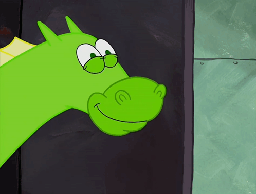 A Cartoon Drawing Of A Green Dragon With Its Tongue Hanging Out GIF