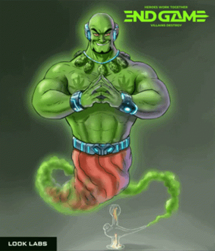 A Cartoon Drawing Of A Green Genie With The Words End Game Below Him GIF