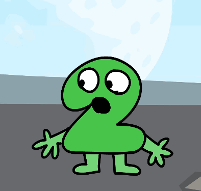 a cartoon drawing of a green number two with a surprised look on his face