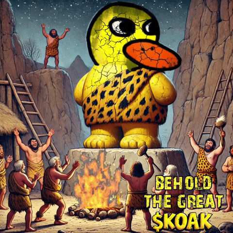 a cartoon drawing of a group of cavemen surrounding a statue of a duck titled behold the great skoak