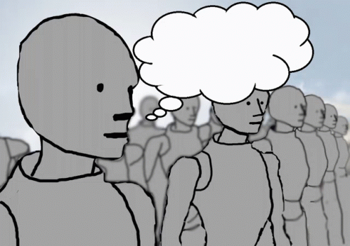 A Cartoon Drawing Of A Group Of People With A Thought Bubble Above Their Heads GIF