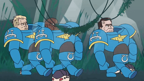 A Cartoon Drawing Of A Group Of Space Marines Walking GIF