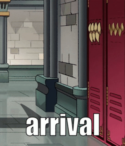 Hallway With Red Lockers And Arrival Sign GIF