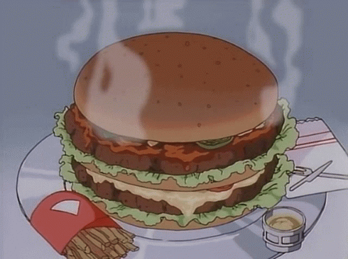 A Cartoon Drawing Of A Hamburger On A Plate With French Fries And Mustard GIF