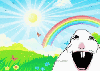 a cartoon drawing of a hamster with its mouth open and a rainbow in the background