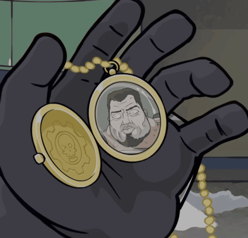 A Cartoon Drawing Of A Hand Holding A Pendant With A Picture Of A Man On It GIF
