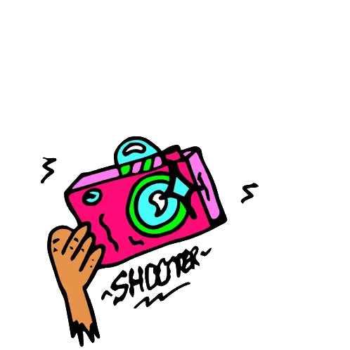 a cartoon drawing of a hand holding a pink camera with the words shooter written below it