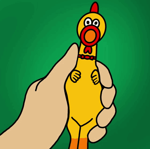 A Cartoon Drawing Of A Hand Holding A Toy Chicken With The Words Coc Written Above It GIF