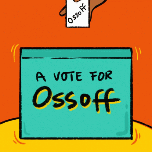 A Cartoon Drawing Of A Hand Putting A Vote For Ossoff In A Ballot Box GIF