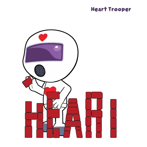 a cartoon drawing of a heart trooper with the word heart written in red bricks