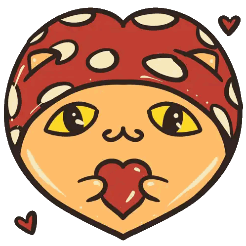a cartoon drawing of a heart with a cat face and hearts around it
