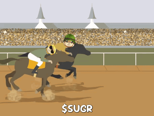 A Cartoon Drawing Of A Horse Race With A Jockey On A Horse With The Word $ Sucr Below It GIF