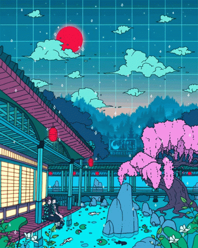 A Cartoon Drawing Of A House With A Cherry Blossom Tree GIF