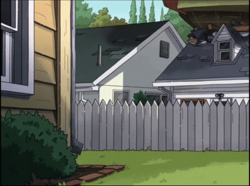 A Cartoon Drawing Of A House With A White Picket Fence In Front Of It GIF