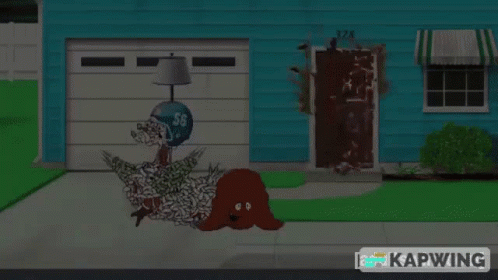 A Cartoon Drawing Of A House With The Words Get Off My Lawn Written On It GIF