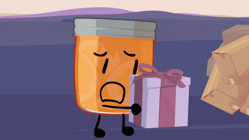 A Cartoon Drawing Of A Jar With Arms And Legs Holding A Gift Box GIF