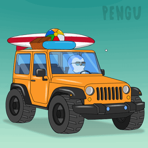 A Cartoon Drawing Of A Jeep With A Surfboard And A Beach Ball On Top Of It GIF
