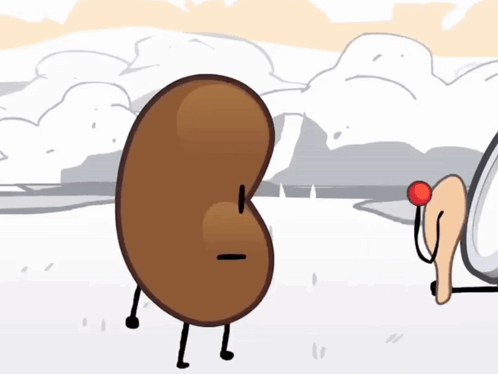 a cartoon drawing of a kidney and a spoon with a clock in the background