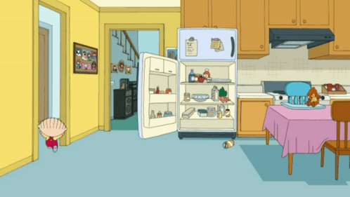 A Cartoon Drawing Of A Kitchen With An Open Refrigerator And A Note On It GIF