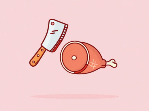 A Cartoon Drawing Of A Knife Cutting A Piece Of Meat With A # On It GIF