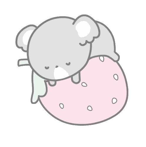 a cartoon drawing of a koala sleeping on a pink strawberry