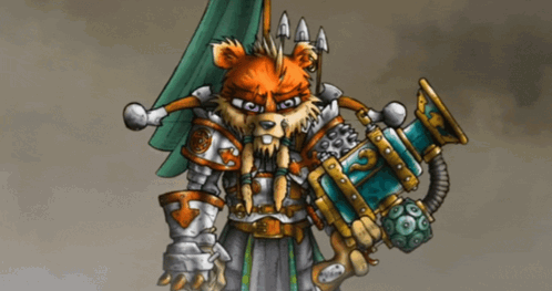 A Cartoon Drawing Of A Lion In Armor Holding A Large Object GIF