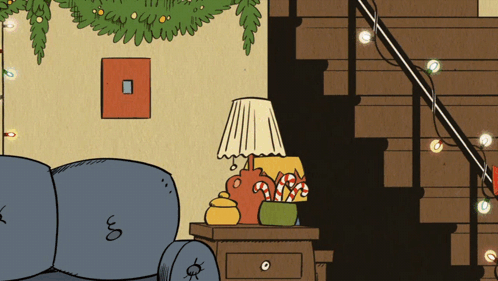 A Cartoon Drawing Of A Living Room With A Christmas Tree And A Lamp GIF