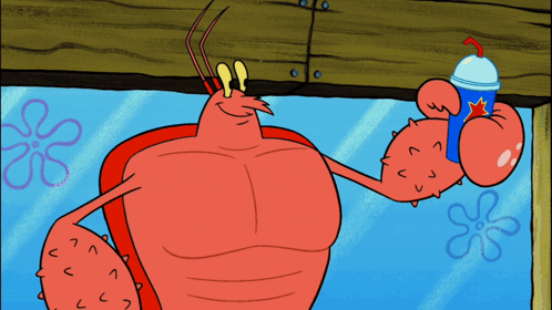 A Cartoon Drawing Of A Lobster Drinking From A Blue Cup With A Star On It GIF
