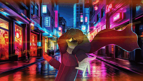 A Cartoon Drawing Of A Man And A Cat In A Neon City With A Sign That Says ' Tokyo ' GIF