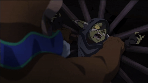 A Cartoon Drawing Of A Man And A Goblin With Yellow Eyes GIF