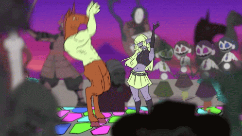 A Cartoon Drawing Of A Man And A Woman Dancing On A Colorful Dance Floor GIF