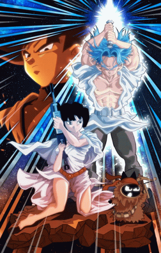 A Cartoon Drawing Of A Man And A Woman Holding Swords GIF