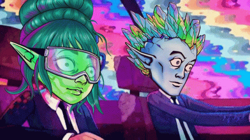 a cartoon drawing of a man and a woman with a green face