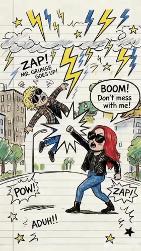 a cartoon drawing of a man and a woman with the words zap mr. grunge goes up
