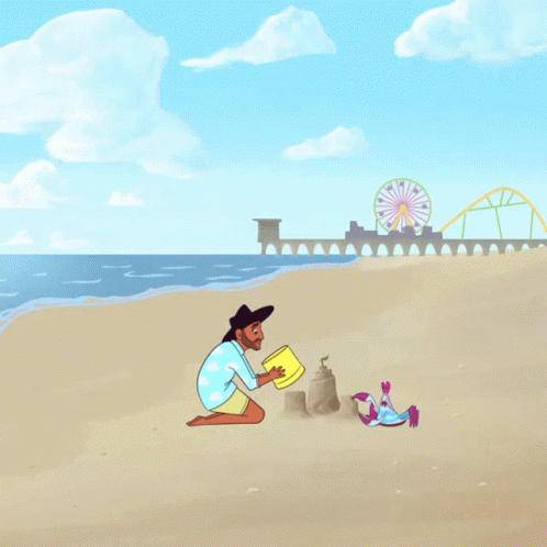 A Cartoon Drawing Of A Man And Child Playing On A Beach With A Ferris Wheel In The Background GIF