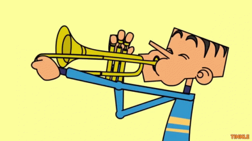 A Cartoon Drawing Of A Man Blowing A Trumpet With The Word Twinkle Below Him GIF