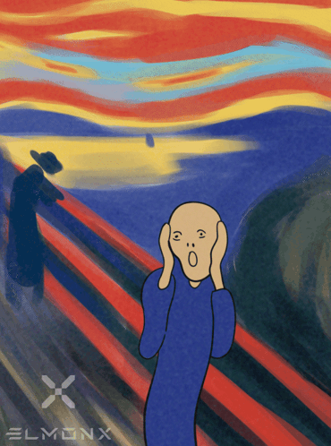 A Cartoon Drawing Of A Man Covering His Ears With A Elmonx Logo GIF