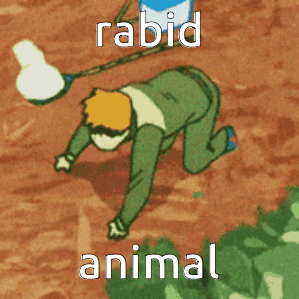 A Cartoon Drawing Of A Man Crawling On The Ground With Rabid Animal Written Below Him GIF