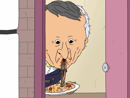 A Cartoon Drawing Of A Man Eating Spaghetti With Blood Coming Out Of His Mouth GIF